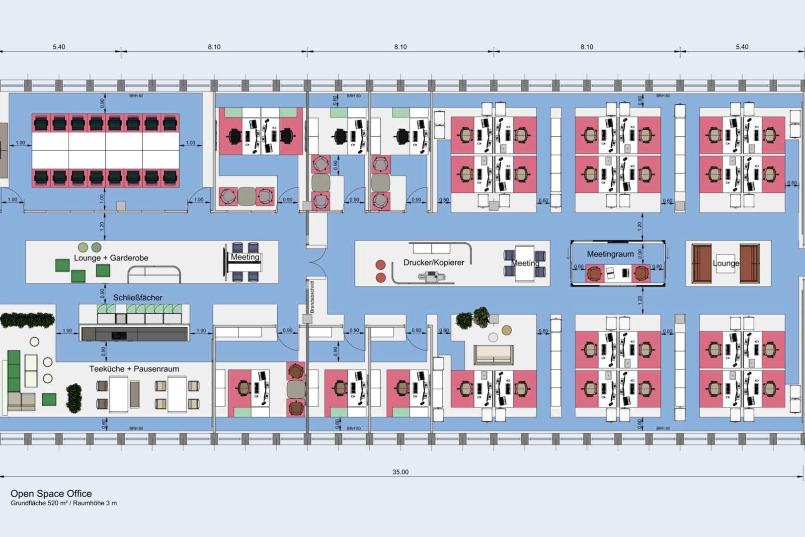 Musterplanung aus Planungssoftware: Open Space Office mit Möblierung, Verkehrswegen, Funktions- und Benutzerflächen