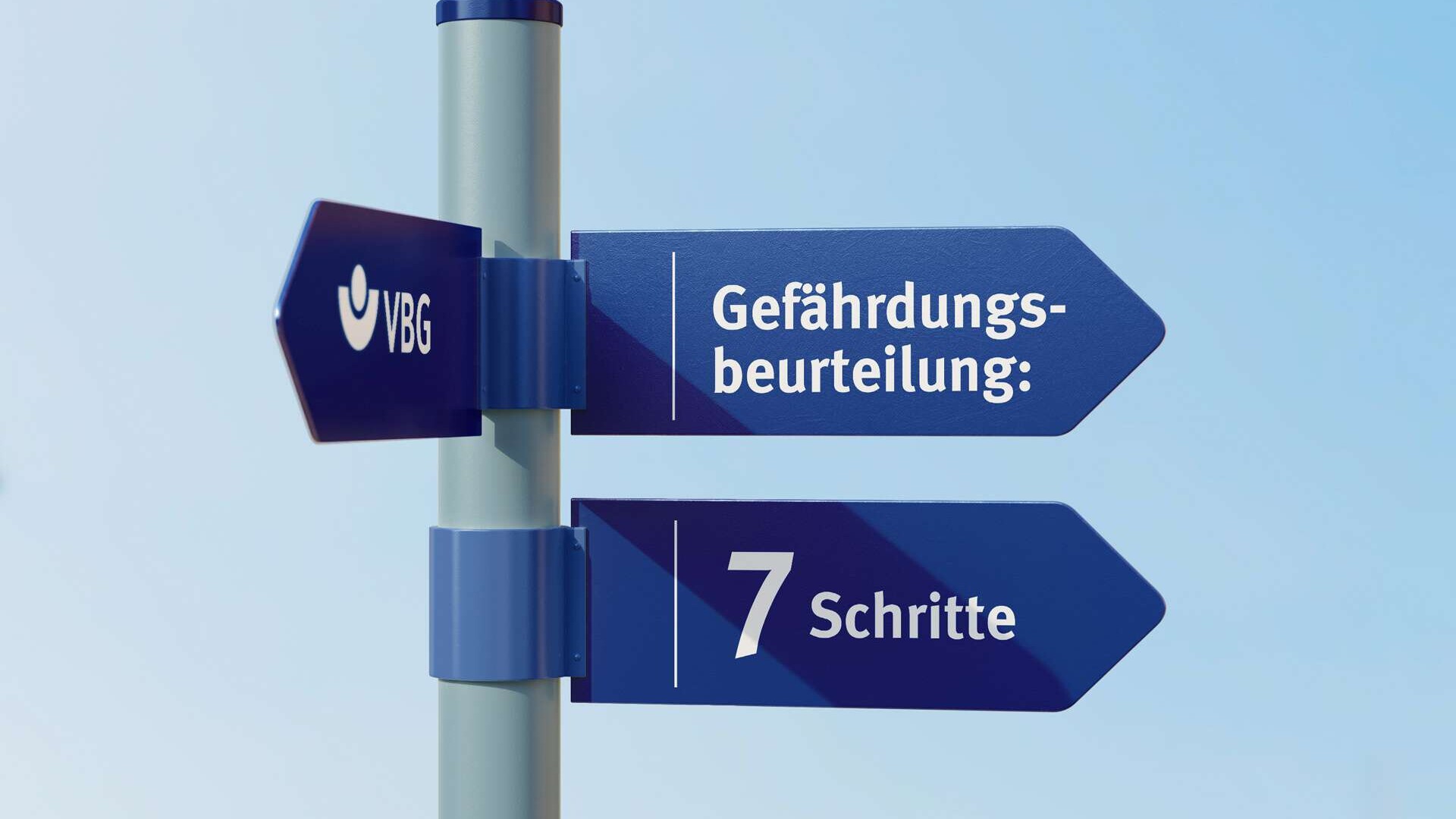Symbolgrafik – Gefährungsbeurteilung - 7 Schritte. Zwei Wegweiser zeigen auf 7 Schritte. #filter, #7steps