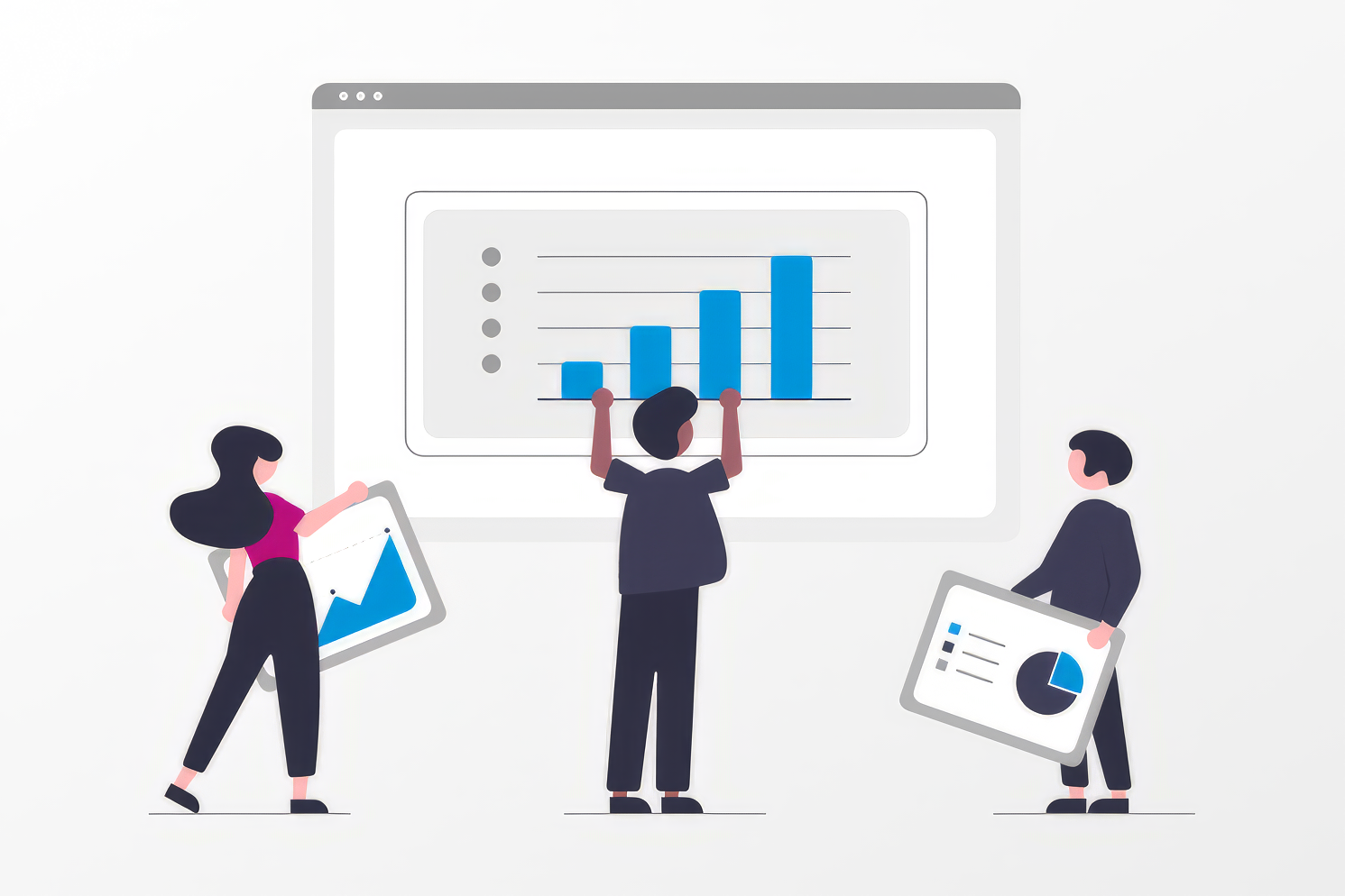 Illustration von 3 Personen die verschiedene Diagrammarten in den Händen halten.