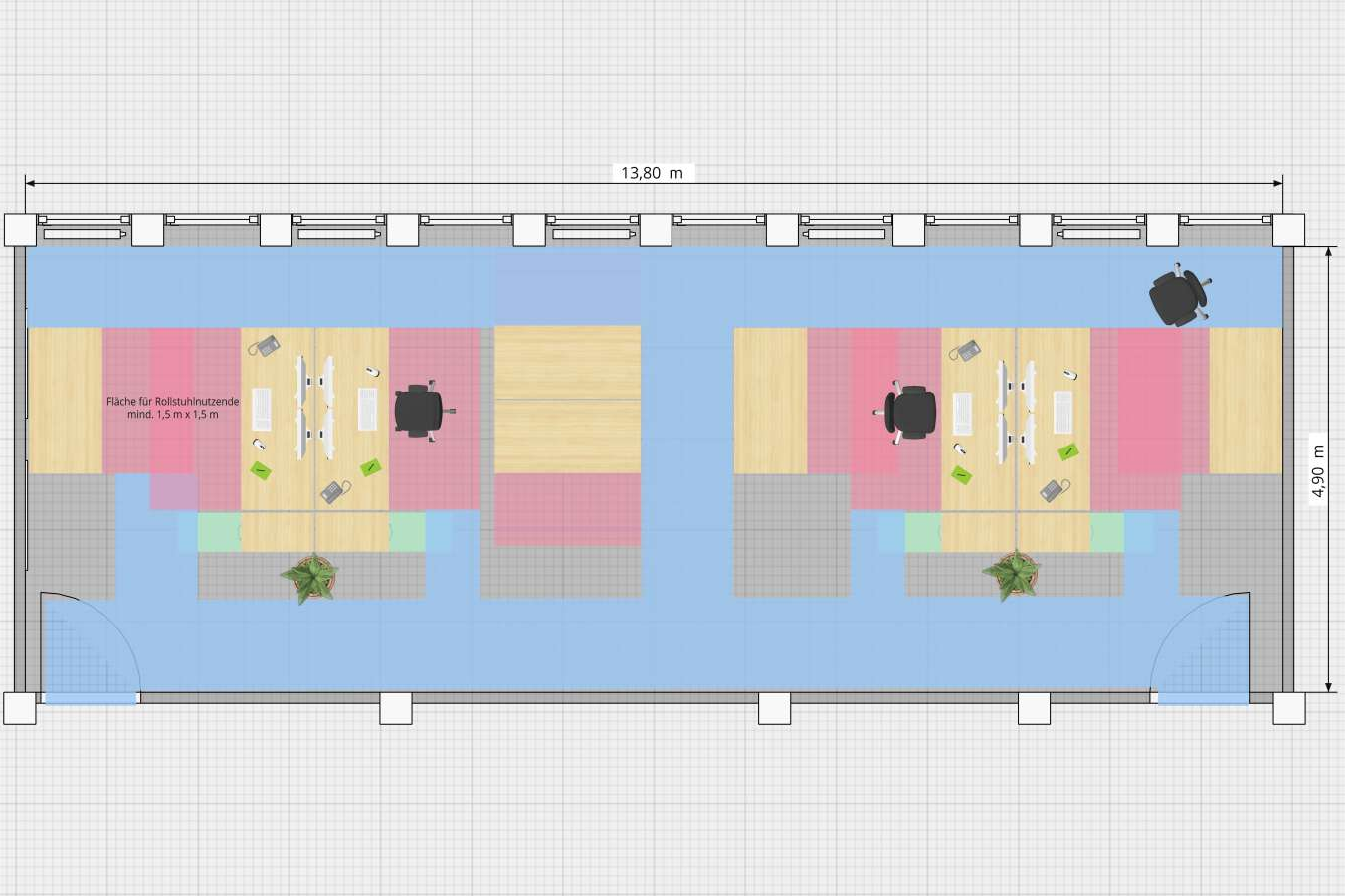 Planungsbeispiele OnlinePlanner Grafische Darstellung eines Vierpersonenbüros mit Verkehrswegen