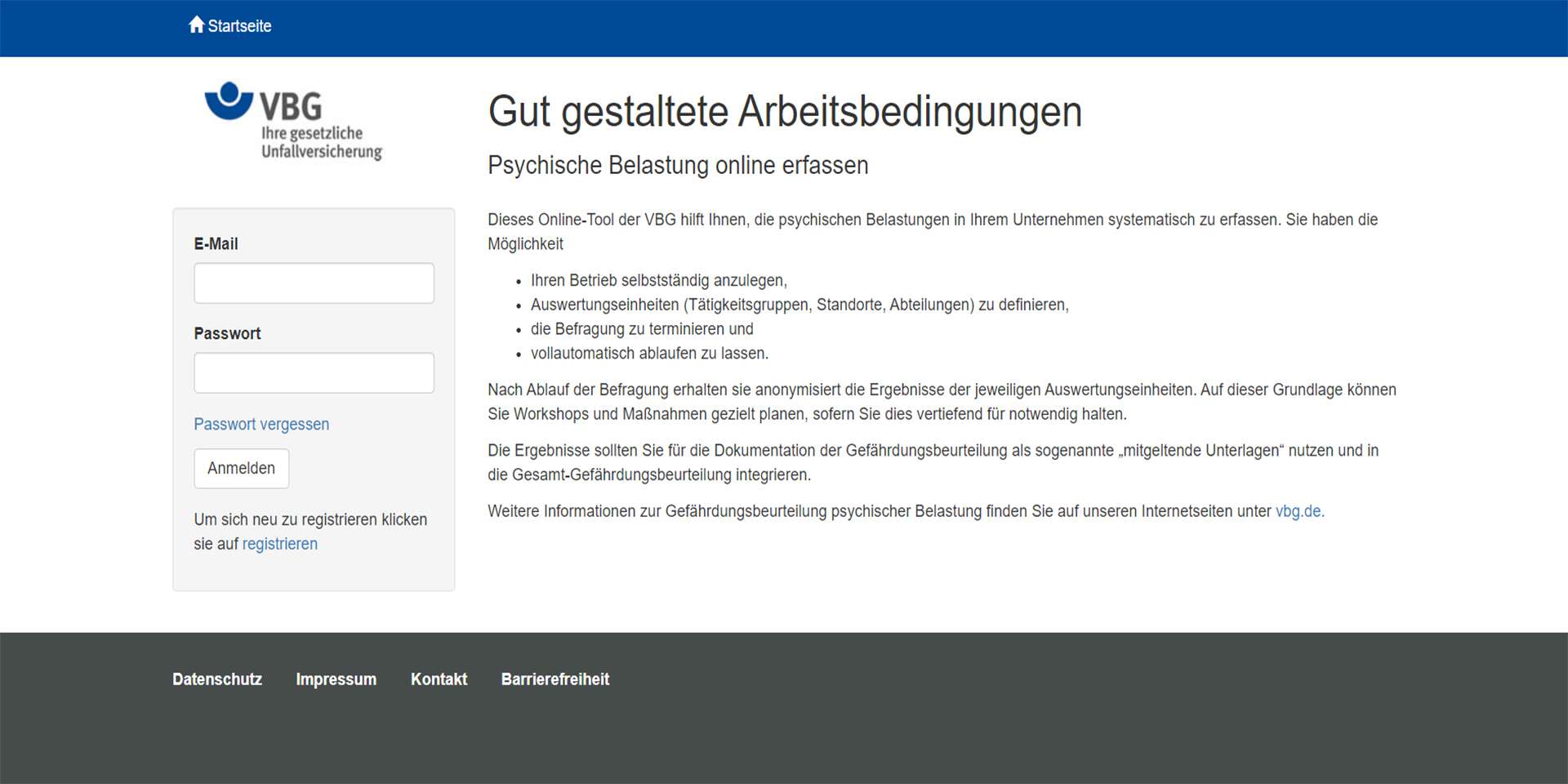 Startbildschirm Online-Tool Gefährdungsbeurteilung psychischer Belastung: Gut gestaltete Arbeitsbedingungen - Psychische Belastung online erfassen