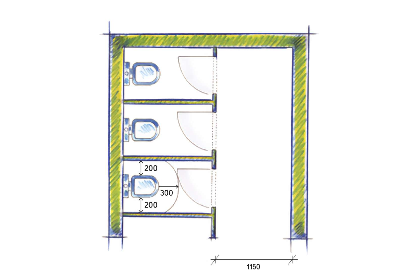 Abbildung einbündige Toilettenanlage nach ASR A4.1, Türanschlag nach innen