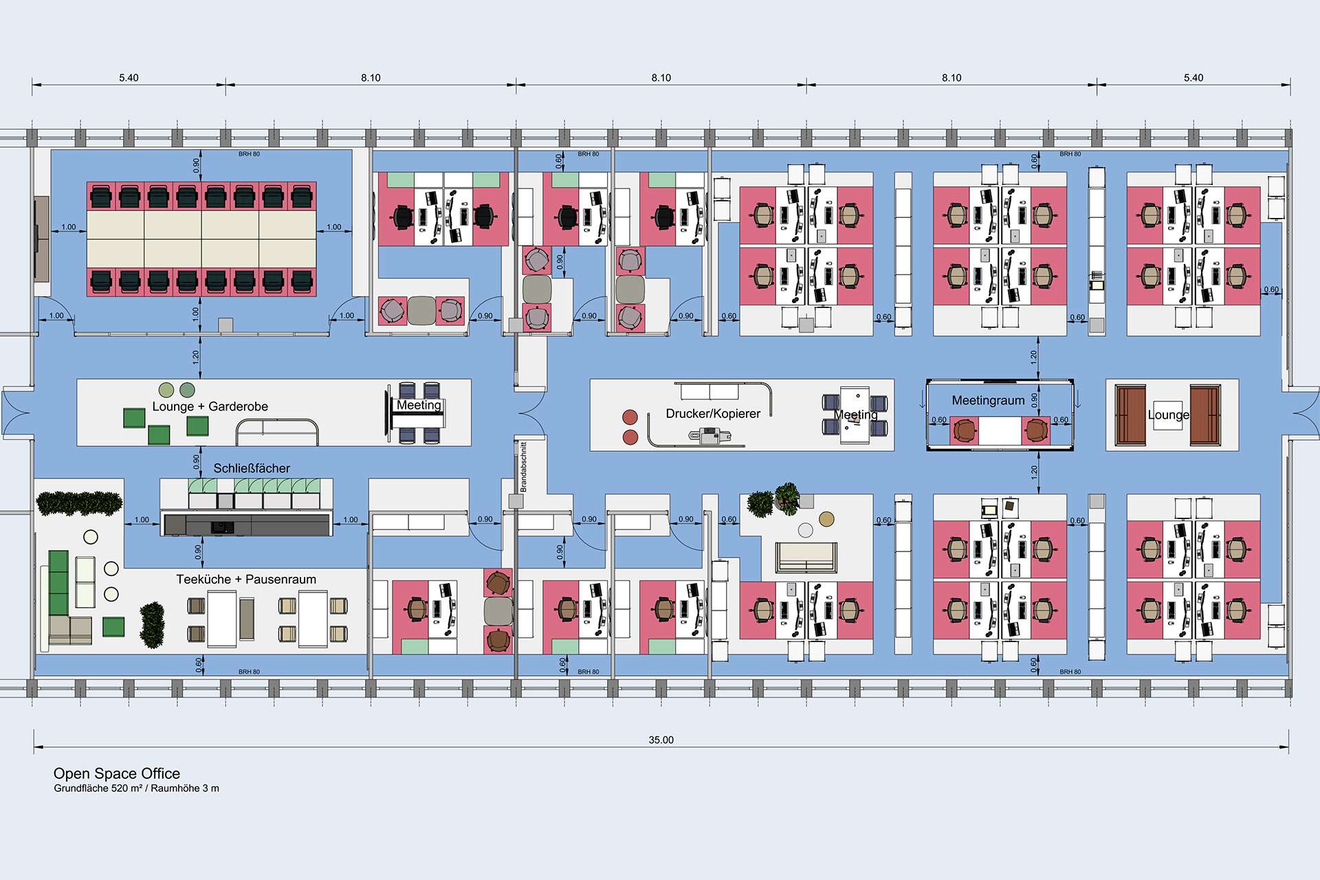 Musterplanung aus Planungssoftware: Open Space Office mit Möblierung, Verkehrswegen, Funktions- und Benutzerflächen